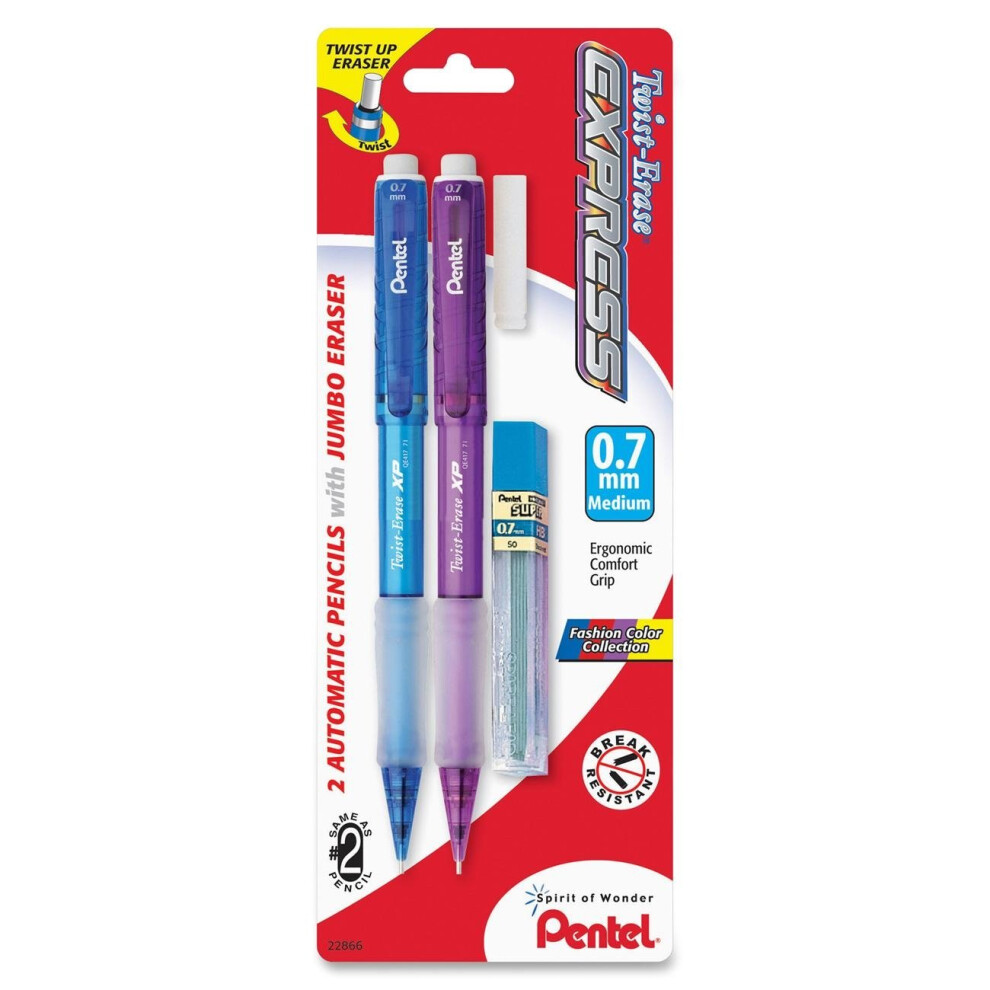 Pentel Twist-Erase EXPRESS Automatic Pencil with Lead and Eraser  0.7mm  Assorted Barrels  2 Pack (QE417FLEBP2)