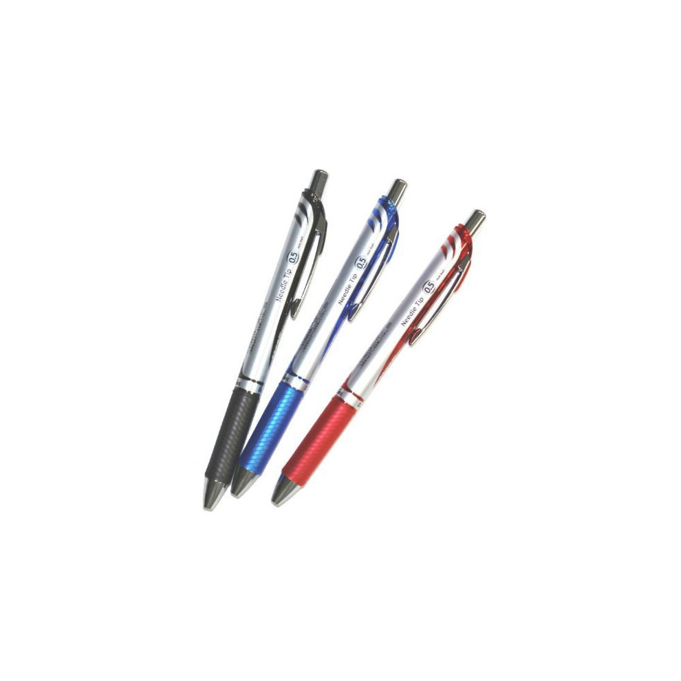 Pentel Energel Deluxe RTX Retractable Liquid Gel Pen 0.5mm  Fine Line  Needle Tip  Black.blue.red Ink-value set of 3