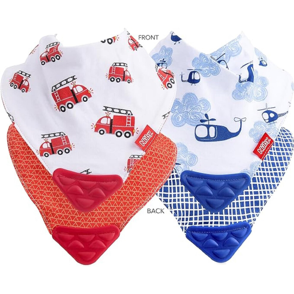 Nuby Reversible 2 Piece Teething Bib  Fire Engine  Blue Helicopter  3 mo+