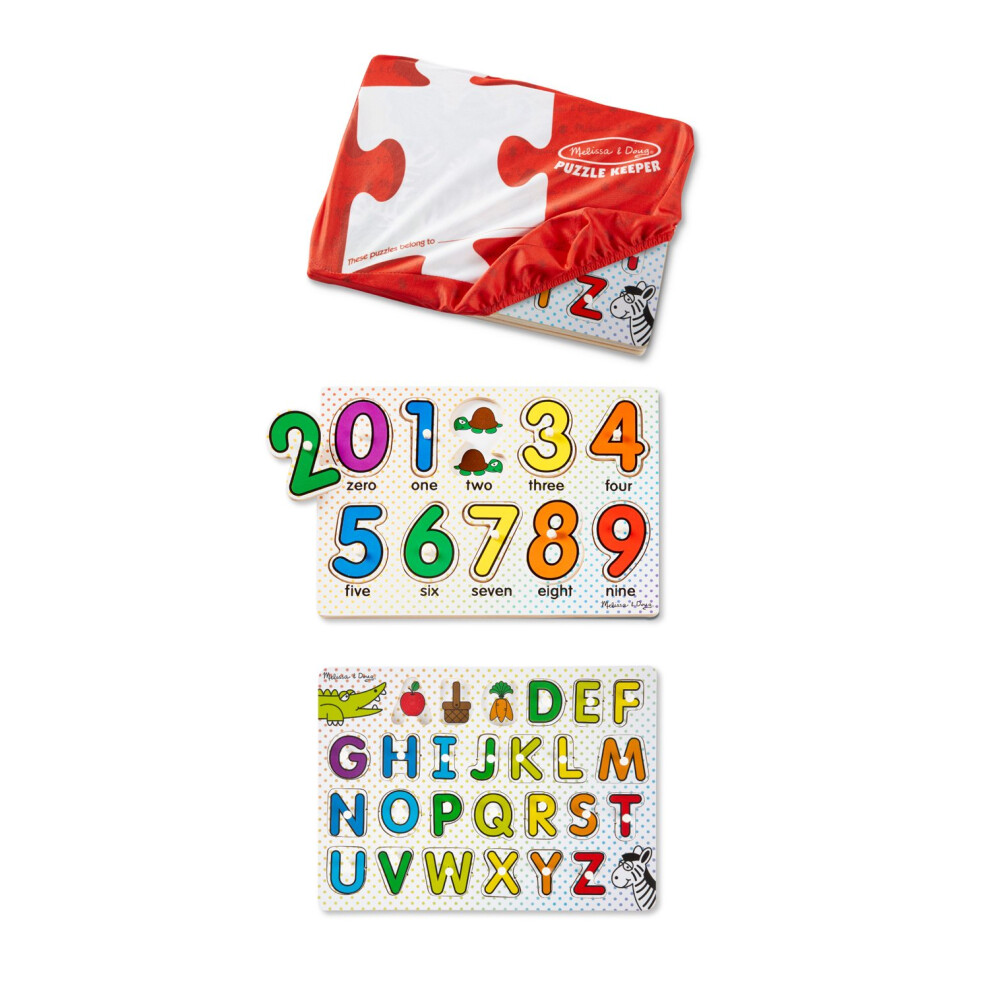 Melissa & Doug ABCs and 123s Wooden Peg Puzzles Set With Puzzle Keeper Stretchy Cover