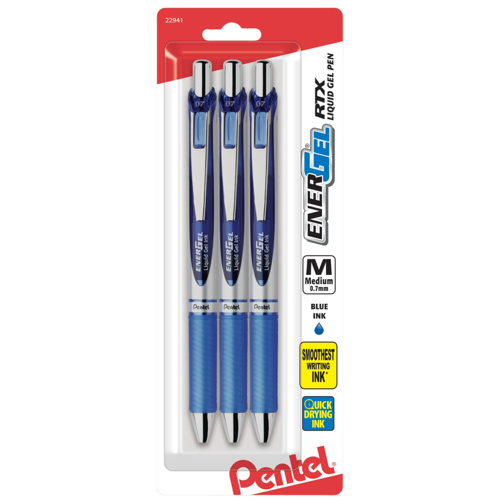 Pentel EnerGel Deluxe RTX Gel Ink Pens  0.7 Millimeter Metal Tip  Blue Ink  3-Pack (BL77BP3C)