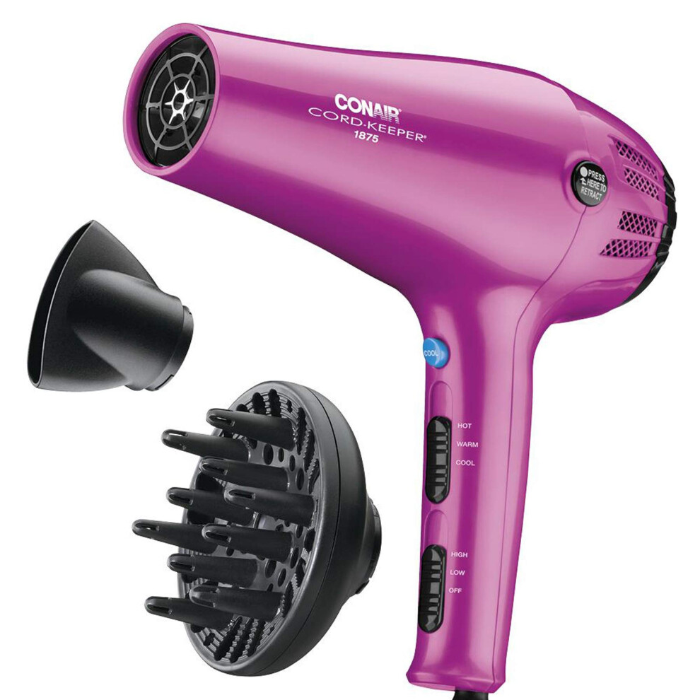 Conair Pink Hair Dryer With Retractable Cord, 1875W Cord-Keeper Blow Dryer,