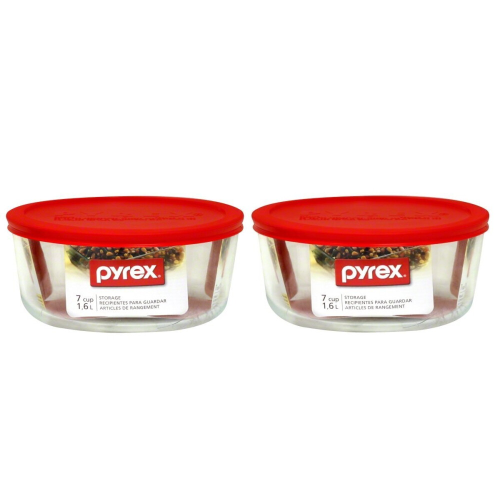 Pyrex Storage Plus 7-Cup Round Storage Dish with Red Plastic Cover Pack of 2 Containers  Clear  Red