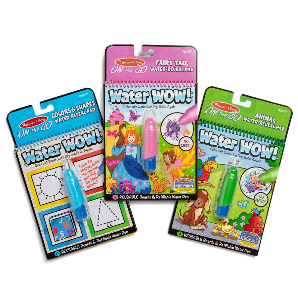 Melissa & Doug On the Go Water Wow! Reusable Water-Reveal Activity Pads  3-pk  Colors and Shapes  Fairy Tales  Animals - Travel Toys  Stocking Stuffer