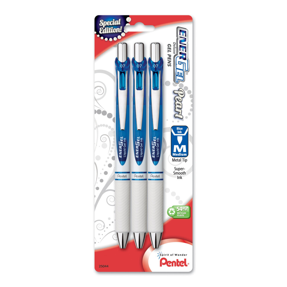 Pentel EnerGel Pearl Deluxe RTX Retractable Liquid Gel Pen  (0.7mm)  Accent  Blue Ink  3 Pack (BL77WBP3C)