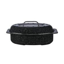 Granite Ware 13-inch oval roaster with Lid. Enameled steel design to accommodate up to 7 lb poultry/roast. Resists up to 932F. Ideal for preparing mea