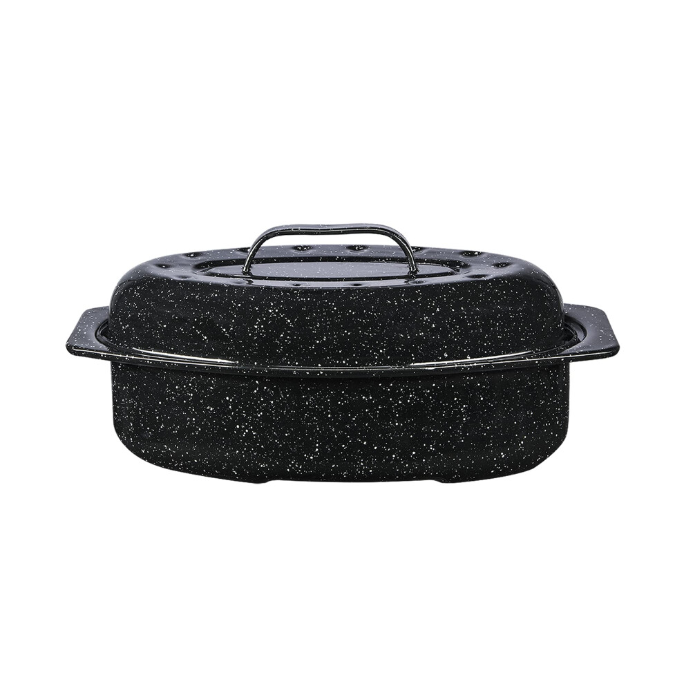 Granite Ware 13-inch oval roaster with Lid. Enameled steel design to accommodate up to 7 lb poultry/roast. Resists up to 932F. Ideal for preparing mea