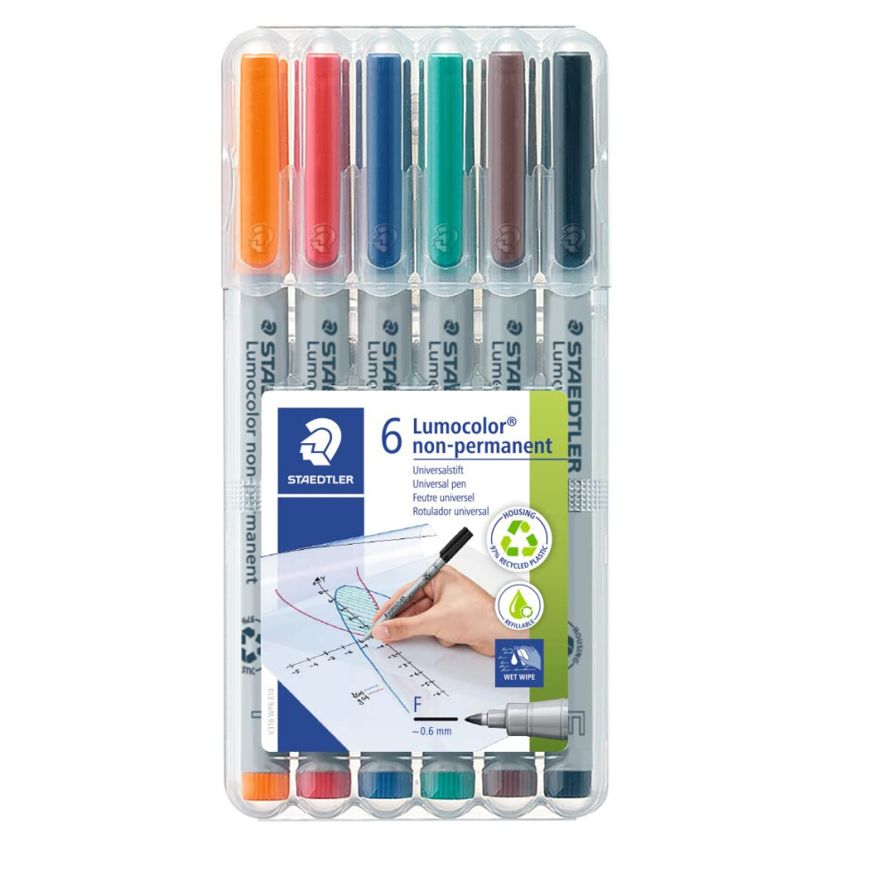 Staedtler Lumograph Non-Permanent Wet Erase Marker Pens  Fine Tip Refillable Colored Markers  6 Pack  315 WP6