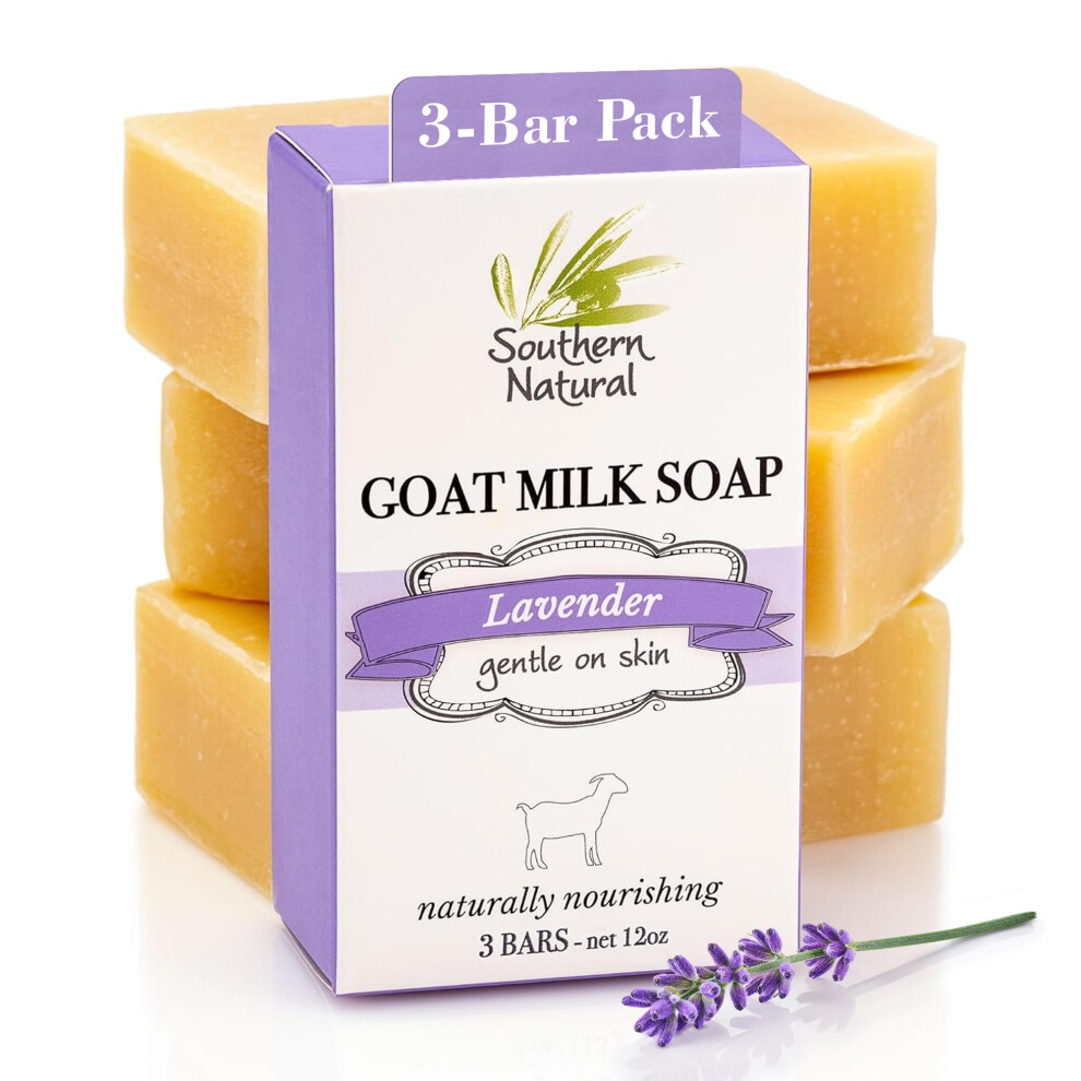 Southern Natural Goat Milk Soap Bar (Lavender 3 Pack) For Dry Sensitive Skin. Natural  Handmade Soap For Men  Women  Kids & Baby. Use On Face & Body