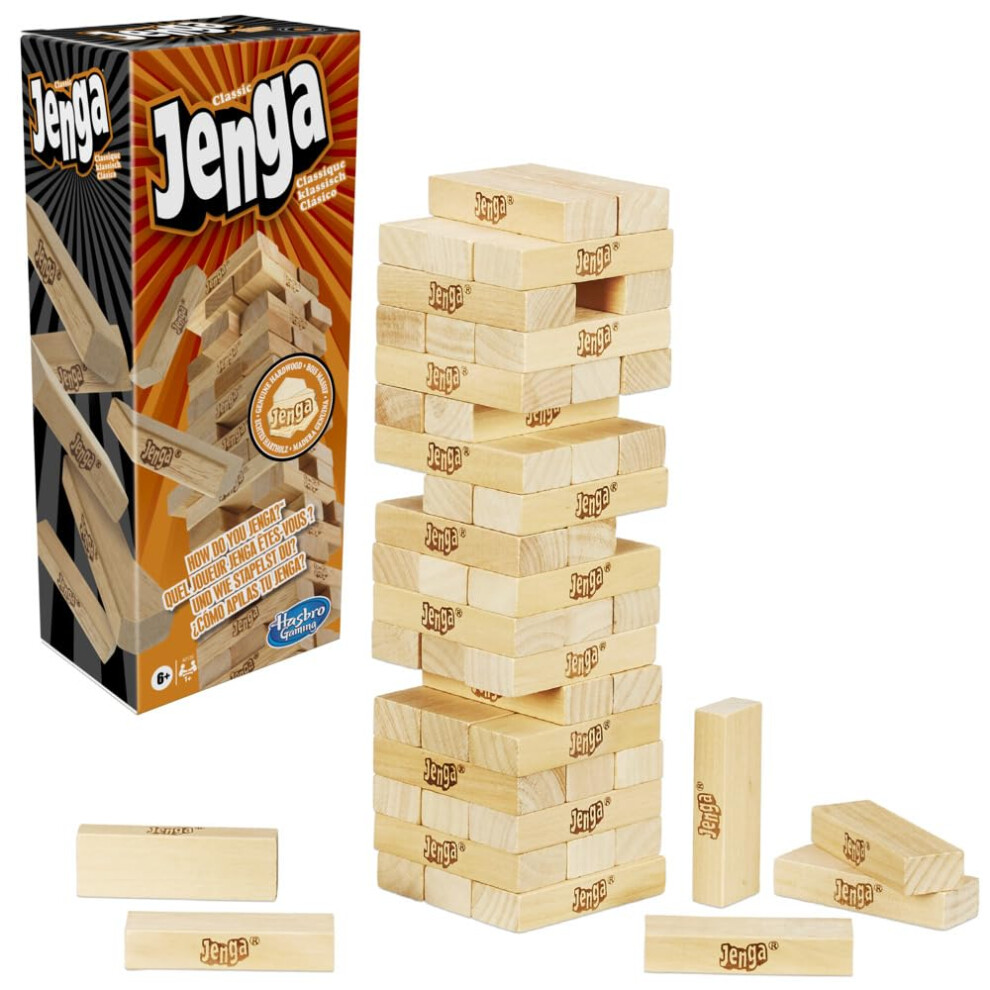 Hasbro Gaming Jenga Classic Game with Genuine Hardwood Blocks Stacking Tower Game for 1 or More Players Kids Ages 6 and Up