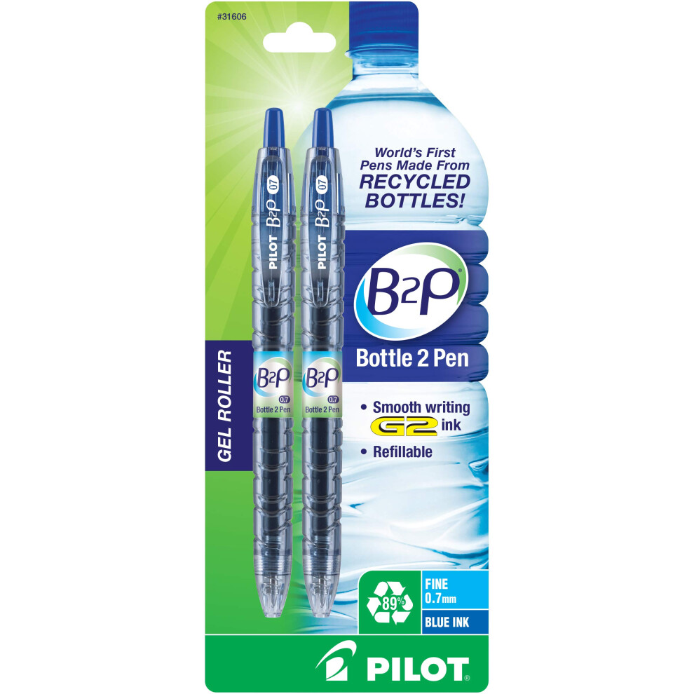 Pilot Bottle-2-Pen (B2P) - Retractable Premium Gel Roller Pens Made from Recycled Bottles (2 Count) Fine Point Blue G2 Gel Ink  Refillable  Comfortabl