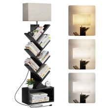 Evermagin 6 Tier Tree Bookshelf with Light Small Bookcase Tower for Books/CDs/Movies Sturdy Tall Floor Standing Book Organizer with Storage Cabinet