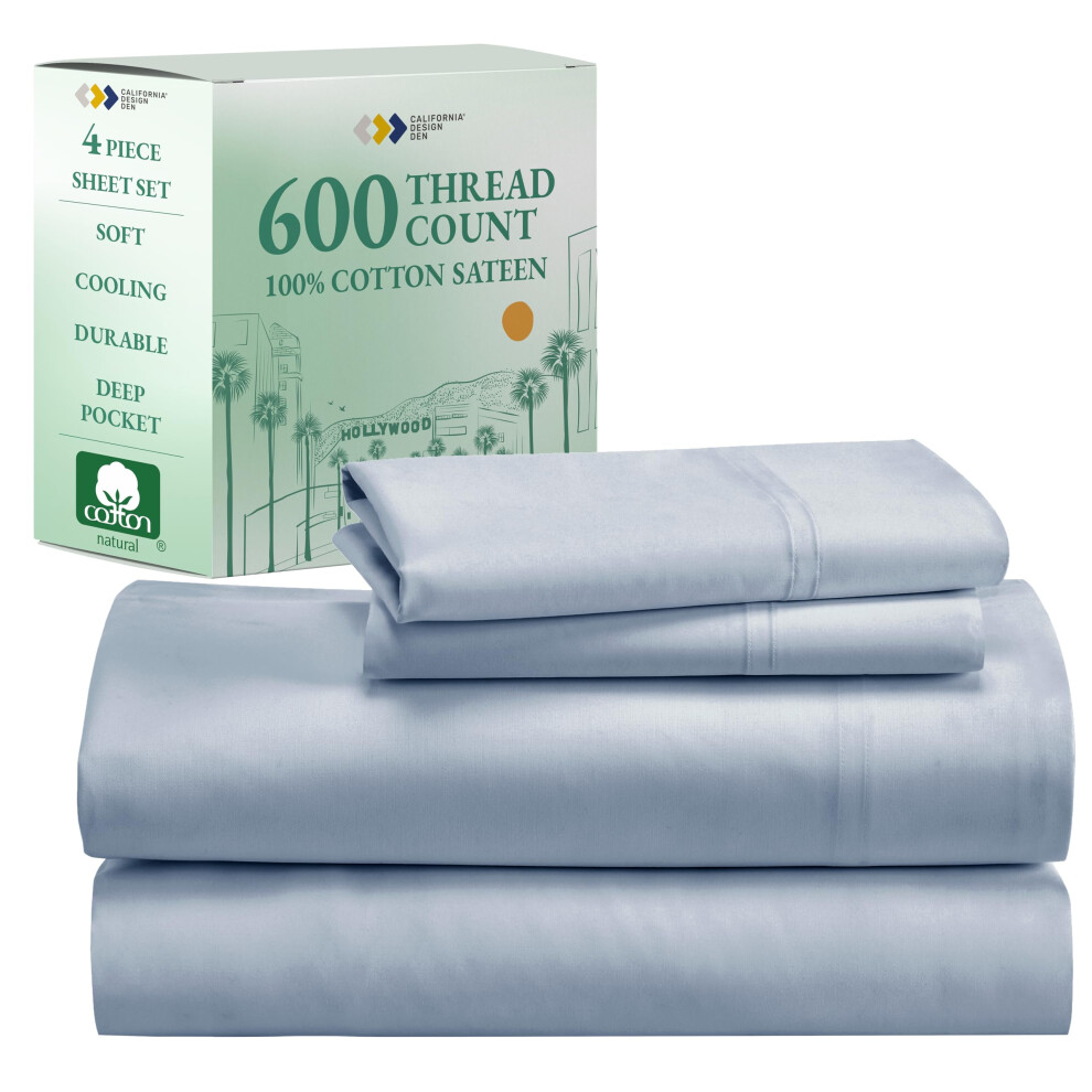 Parure de lit California King Size - 100 % coton 600 fils au pouce carr   , draps de luxe de qualit    h   teli   re avec tissage satin    doux - Bleu