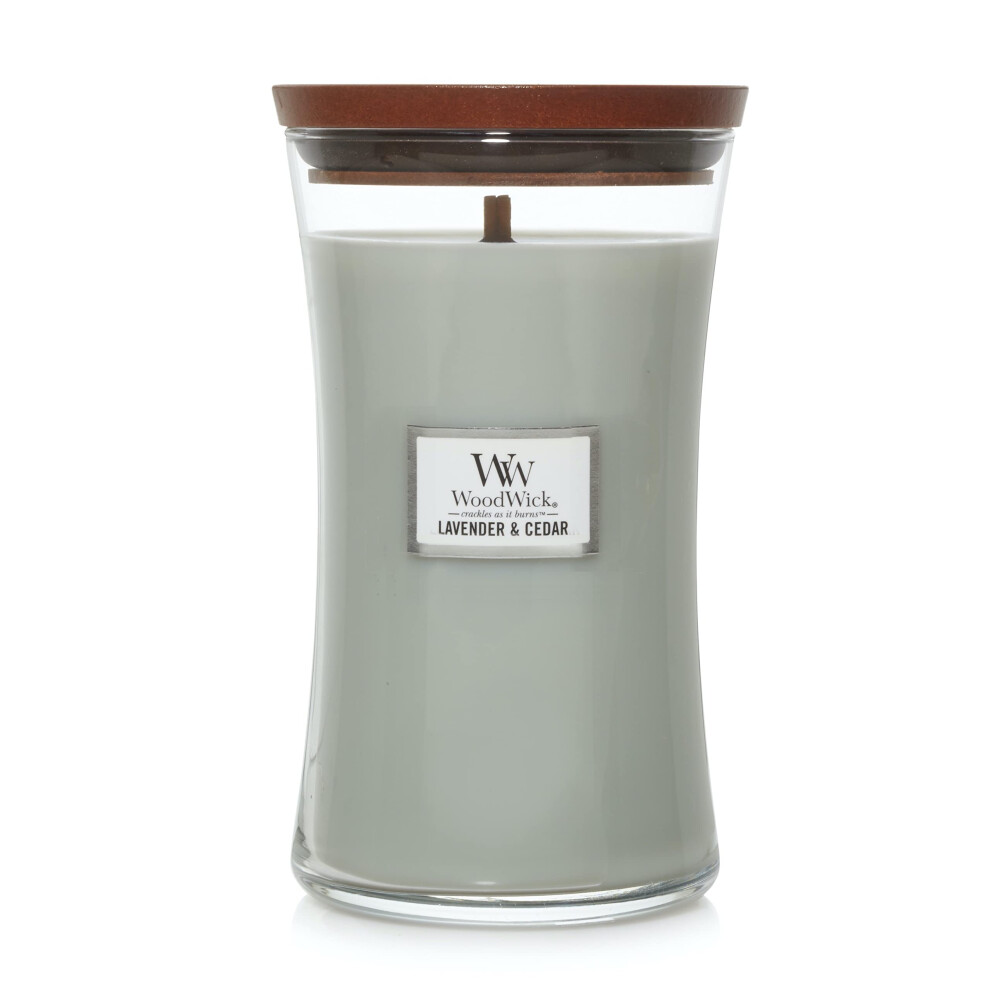 WoodWick Large Hourglass Candle  Lavender/Cedar - Premium Soy Blend Wax  Pluswick Innovation Wood Wick  Made in USA