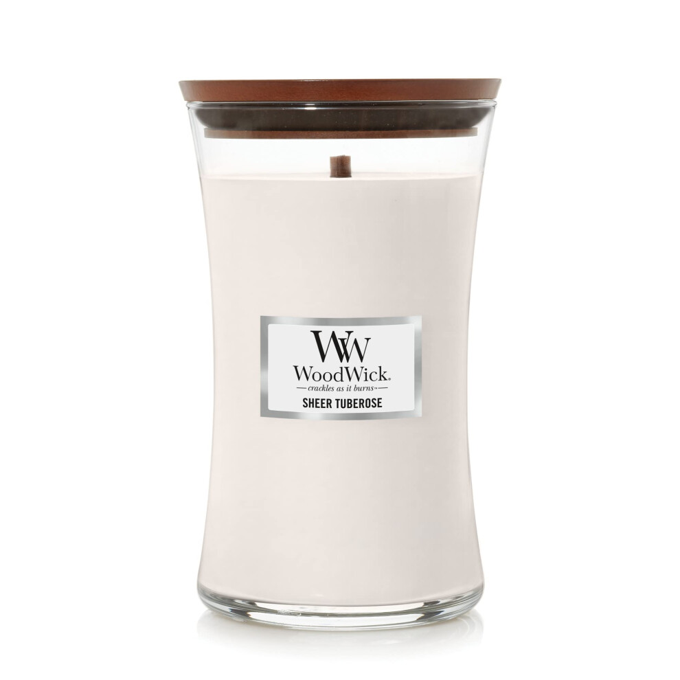 WoodWick Large Hourglass Candle  Sheer Tuberose - Premium Soy Blend Wax  Pluswick Innovation Wood Wick  Made in USA