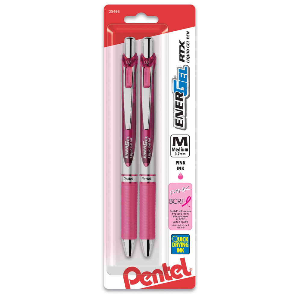 Pentel BCA EnerGel RTX Retractable Liquid Gel Pen  Medium Line  Metal Tip  Pink Ink  2-Pack (BL77BP2P)