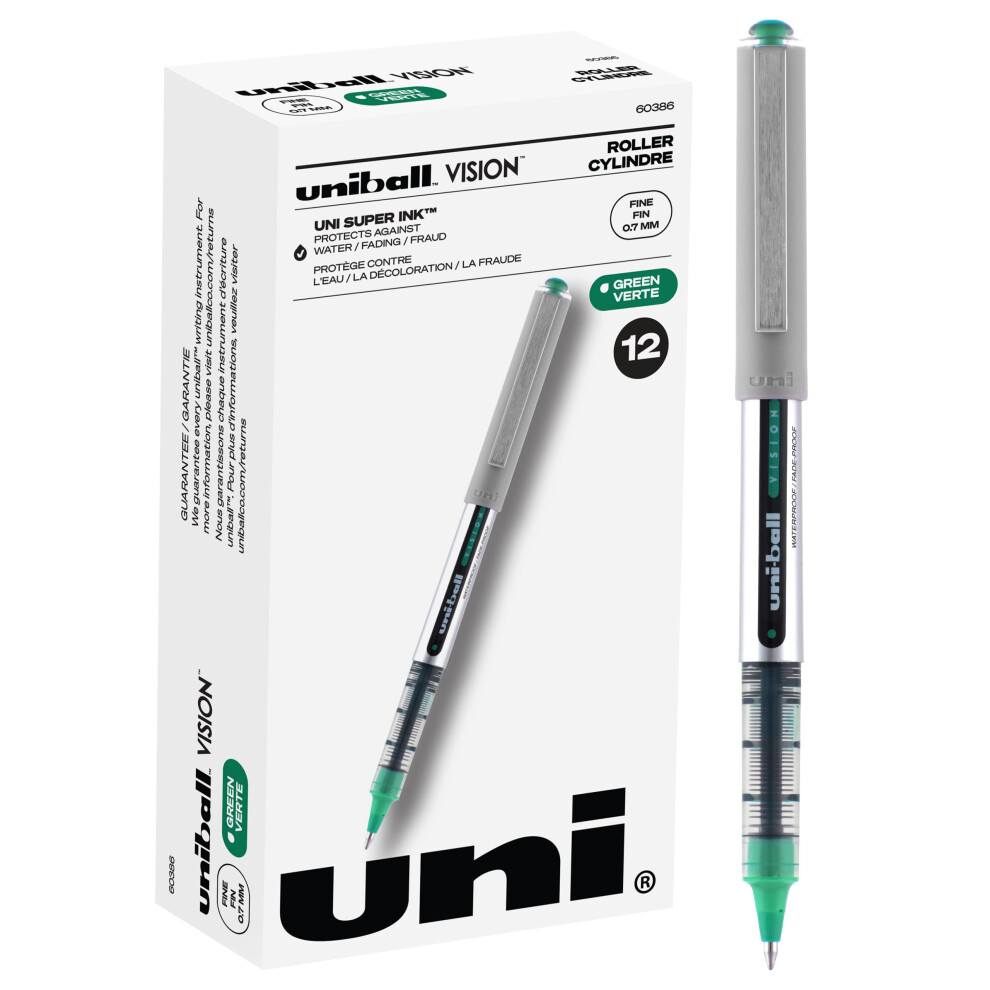 Uniball Vision Rollerball Pens  Green Pens Pack of 12 - 0.7mm Fine Point Medium Ink - Japanese Pens  Smooth Writing Pens  School & Office Supplies