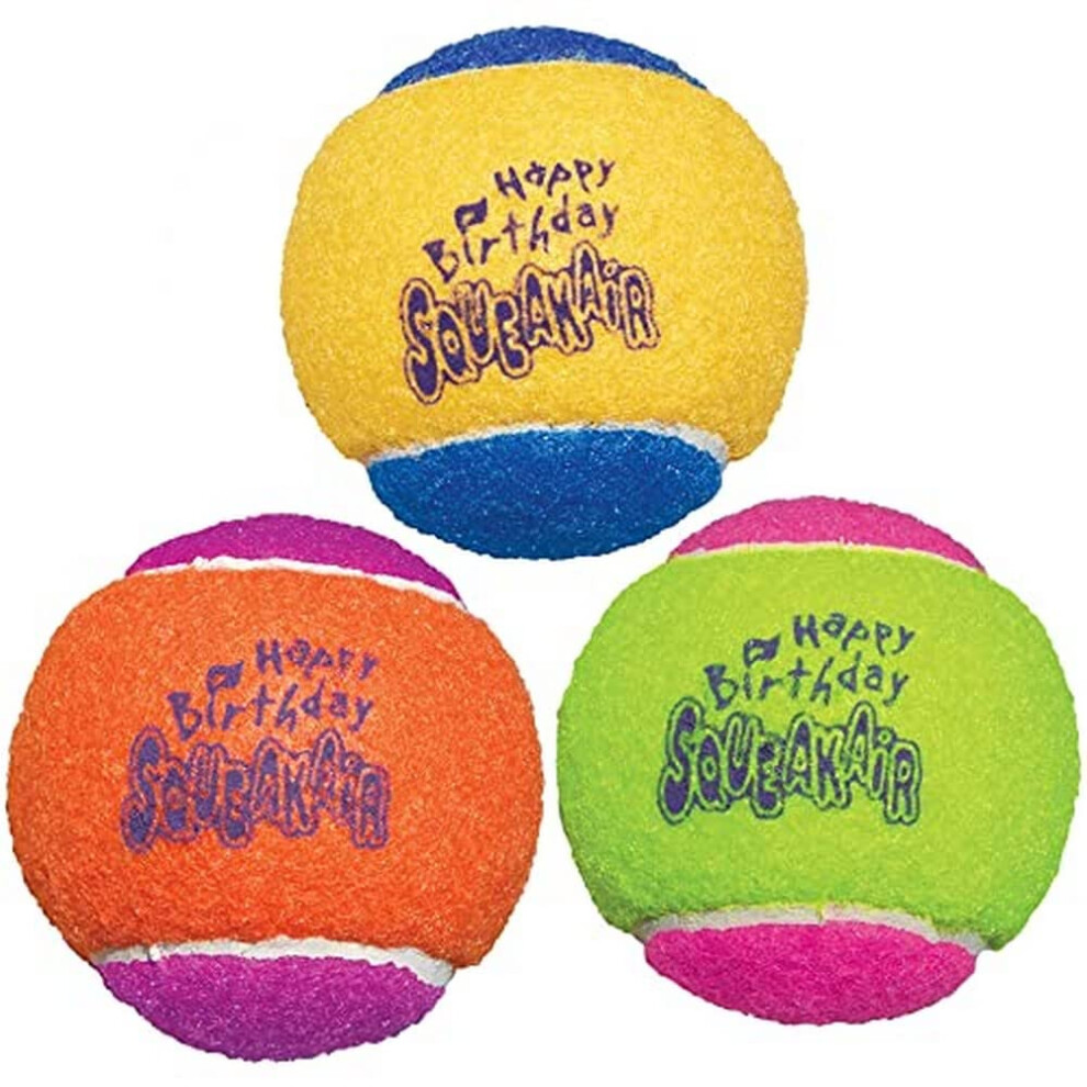 KONG - Squeakair Birthday Balls - Dog Toy Premium Squeak Tennis Balls  Gentle on Teeth - For Medium Dogs (3 Pack)