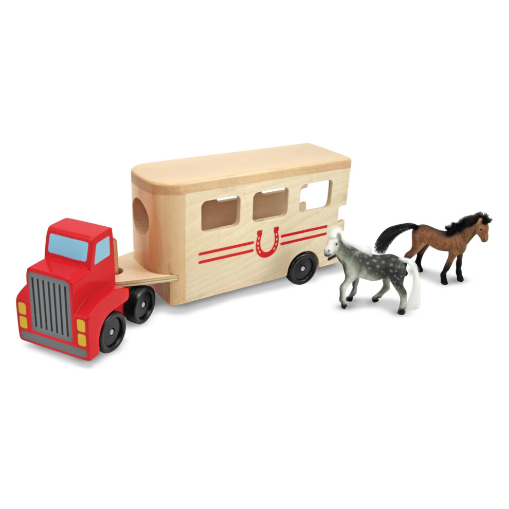 Melissa & Doug Horse Carrier Wooden Vehicle Play Set With 2 Flocked Horses and Pull-Down Ramp - Horse Figures  Wooden Horse Trailer Toy For Kids Ages