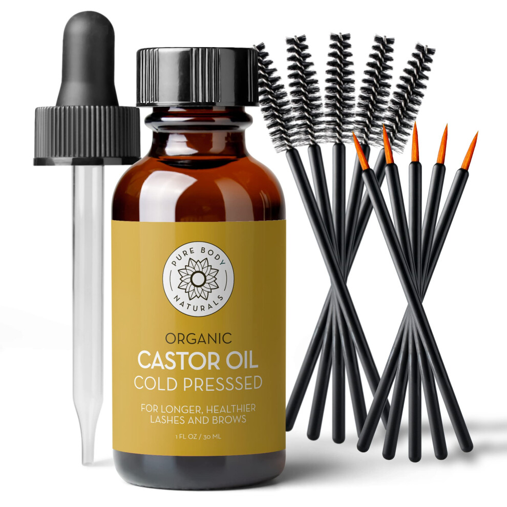 Pure Body Naturals Castor Oil For Eyelashes And Eyebrows - Brow And Lash Growth Serum - Organic Hexane Free Cold Pressed Unrefined - 1 Fl Oz