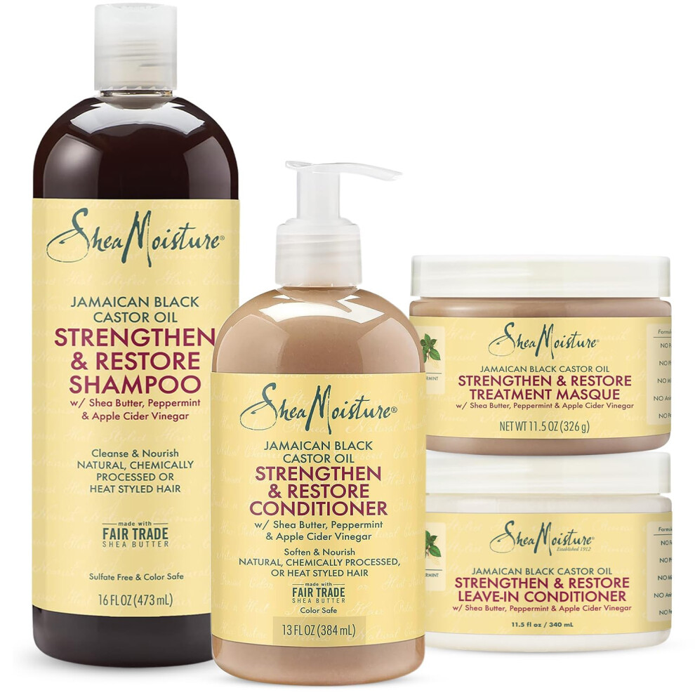 SheaMoisture Jamaican Black Castor Oil Hair Care Set: 16oz Growth Shampoo  13oz Strengthening Conditioner  11.5oz Leave-In Treatment  12oz Restorative