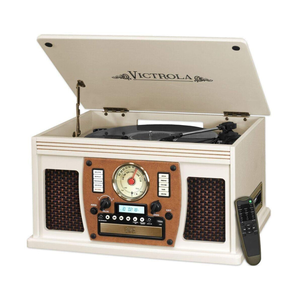 Victrola 8-in-1 Bluetooth Record Player & Multimedia Center  Built-in Stereo Speakers - Turntable  Wireless Music Streaming  Real Wood | White