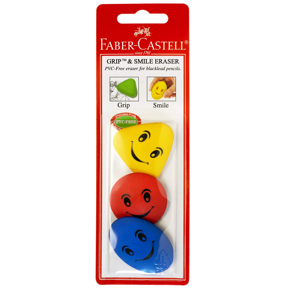 Faber-Castell Grip Erasers - 3 Count Pencil Erasers for Kids - Oval  Round and Triangle Shapes - Colors May Vary