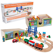 ORBRIUM 52 pezzi Set di treni in legno deluxe con scatola di legno e tunnel compatibile con Thomas Brio Melissa (scatola di legno - 52 pezzi Set