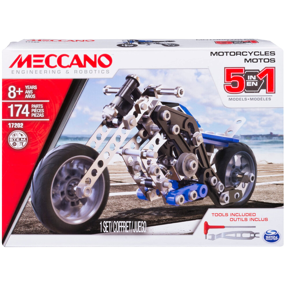 Meccano Erector  5 in 1 Model Building Set - Motorcycles  174 Pieces  for Ages 8 and up  STEM Construction Education Toy