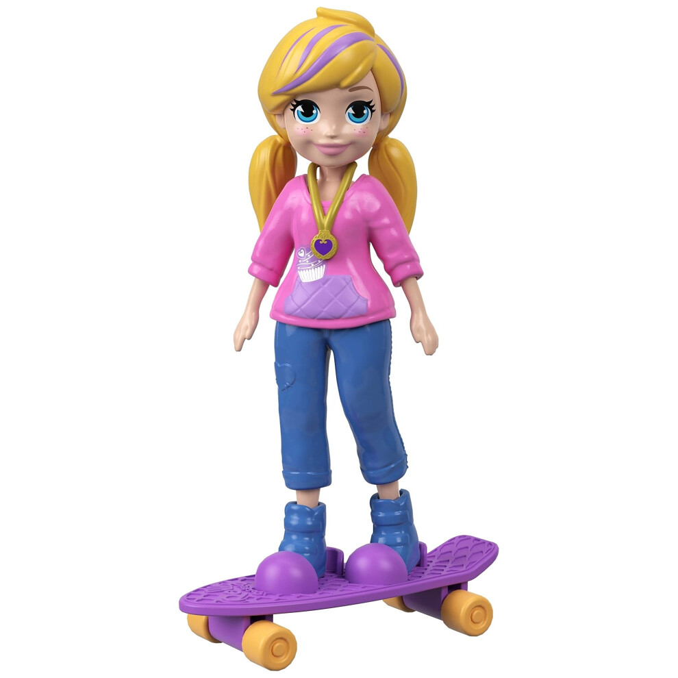 Polly Pocket 3"" Doll with Iconic Outfit & Clip On Skateboard with Rolling Wheels