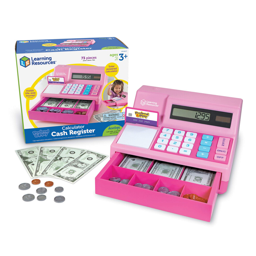 Learning Resources Pretend & Play Calculator Cash Register Pink - 73 Pieces  Ages 3+  Cash Register for Kids  Play Money for Kids  Toddlers Toys  Toy