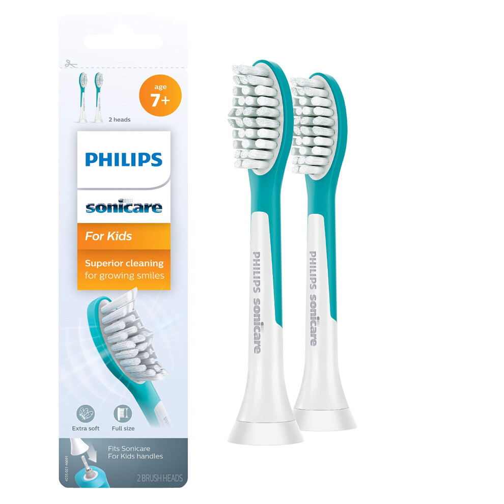 Philips Sonicare for Kids 7+ Genuine Replacement Toothbrush Heads  2 Brush Heads  Turquoise and White  Standard  HX6042/94