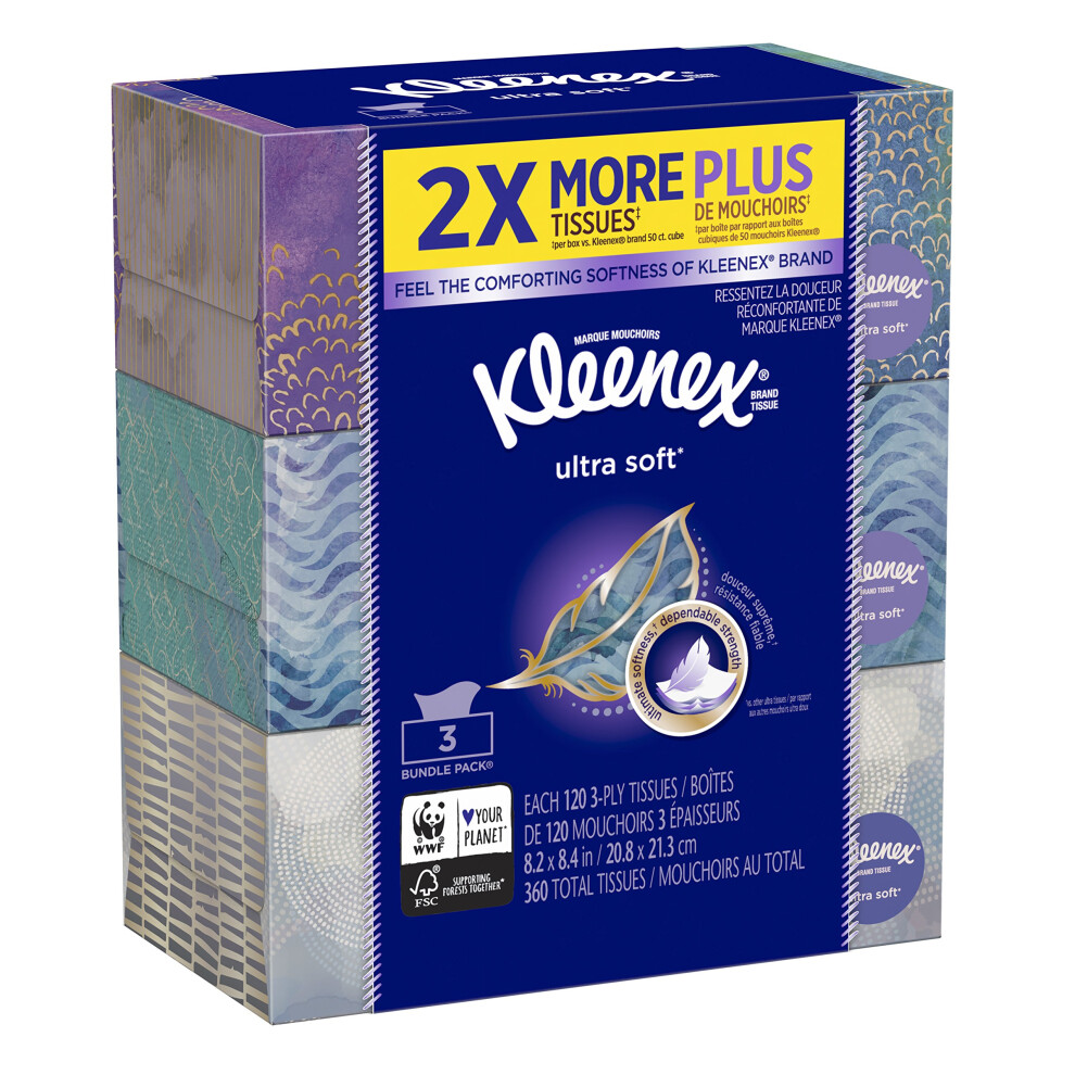 Kleenex Ultra Soft & Strong Facial Tissues  120 Tissues per Flat Box  3 Pack