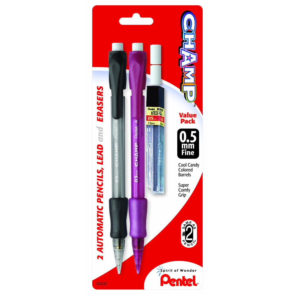 Pentel Champ Automatic Pencil with Lead and 2 Erasers  0.5mm  Assorted Barrels  2 Pack (AL15LEBP2)