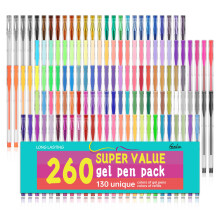 feela gelpennenset, 260 stuks, 130 gekleurde gelpennen plus 130 vullingen voor kleurboeken voor volwassenen, tekenen, kinderen tekenen, schrijven, sc