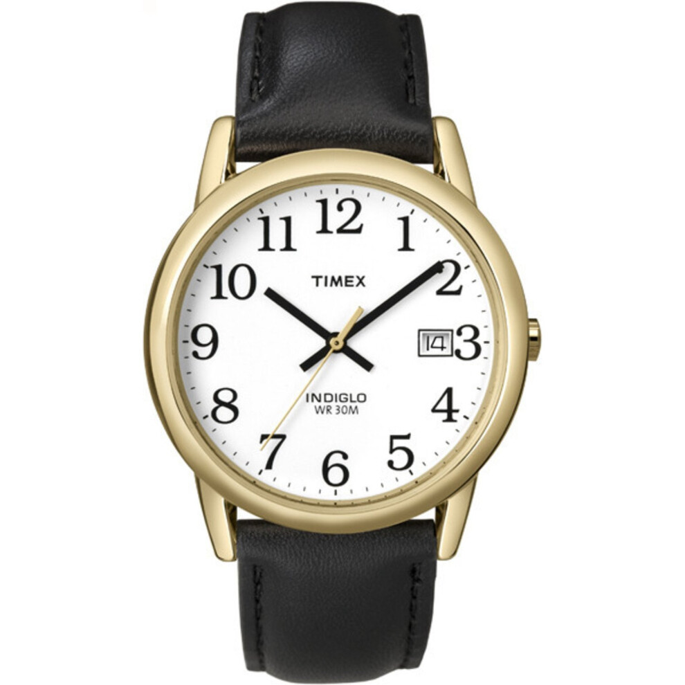 Timex Men's Easy Reader 35mm Watch - Gold-Tone Case White Dial with Black Leather Strap