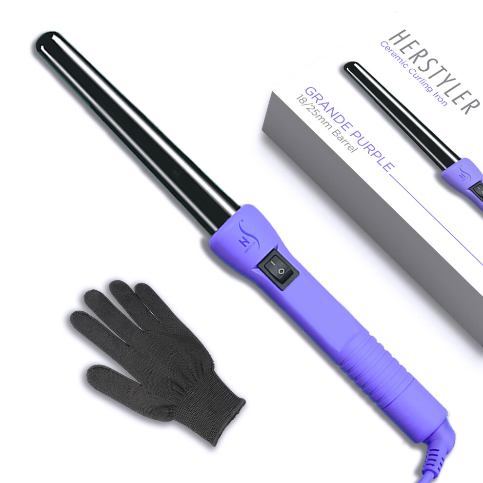 Herstyler Grande Ceramic Tapered Curling Wand - 1 inch Dual Voltage with Negative Ions for Long and Short Hair (Purple)