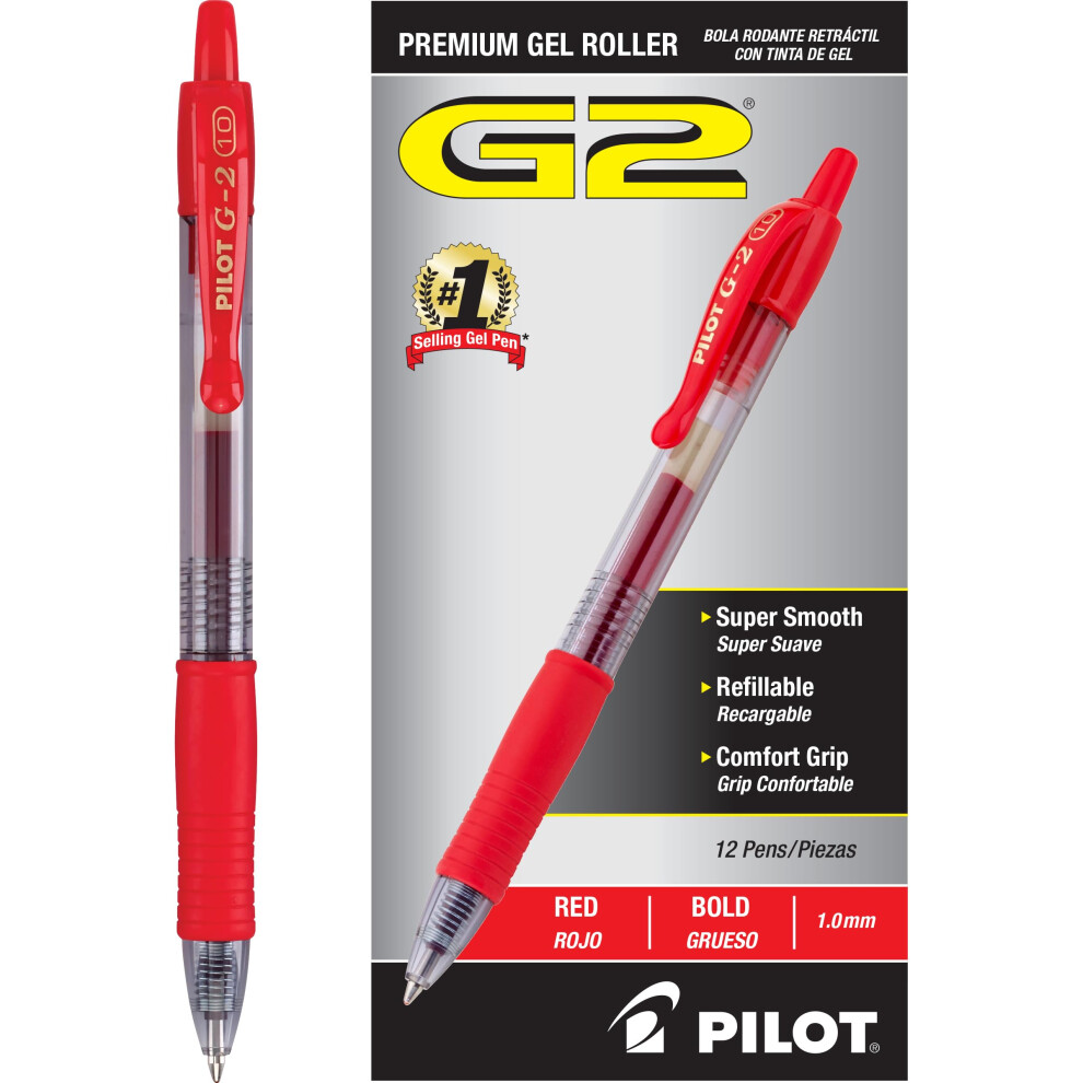 Pilot  G2 Premium Gel Roller Pens  Bold Point 1 mm  Pack of 12  Red