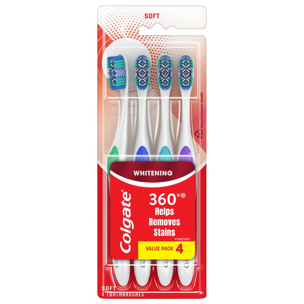 Colgate 360 Optic White Whitening Toothbrush  Adult Soft Toothbrush with Whitening Cups  Helps Whiten Teeth and Removes Odor Causing Bacteria  4 Pack