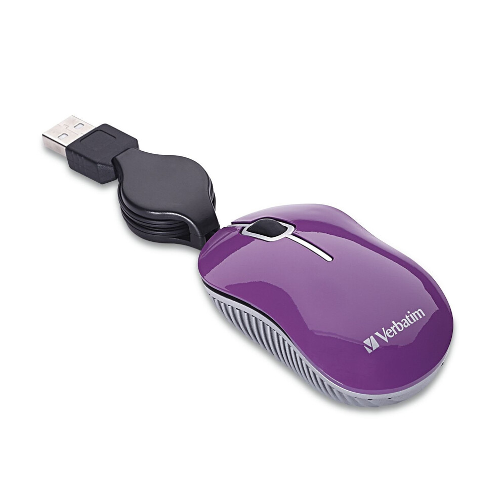 Verbatim Wired Optical Computer Mini USB-A Mouse - Plug & Play Corded Small Travel Mouse with Retractable Cable - Purple 98617