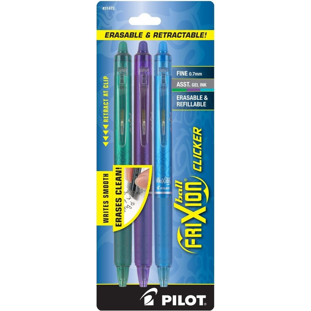 PILOT FriXion Clicker Erasable  Refillable & Retractable Gel Ink Pens  Fine Point  Green/Purple/Turquoise Inks  3-Pack (31473)