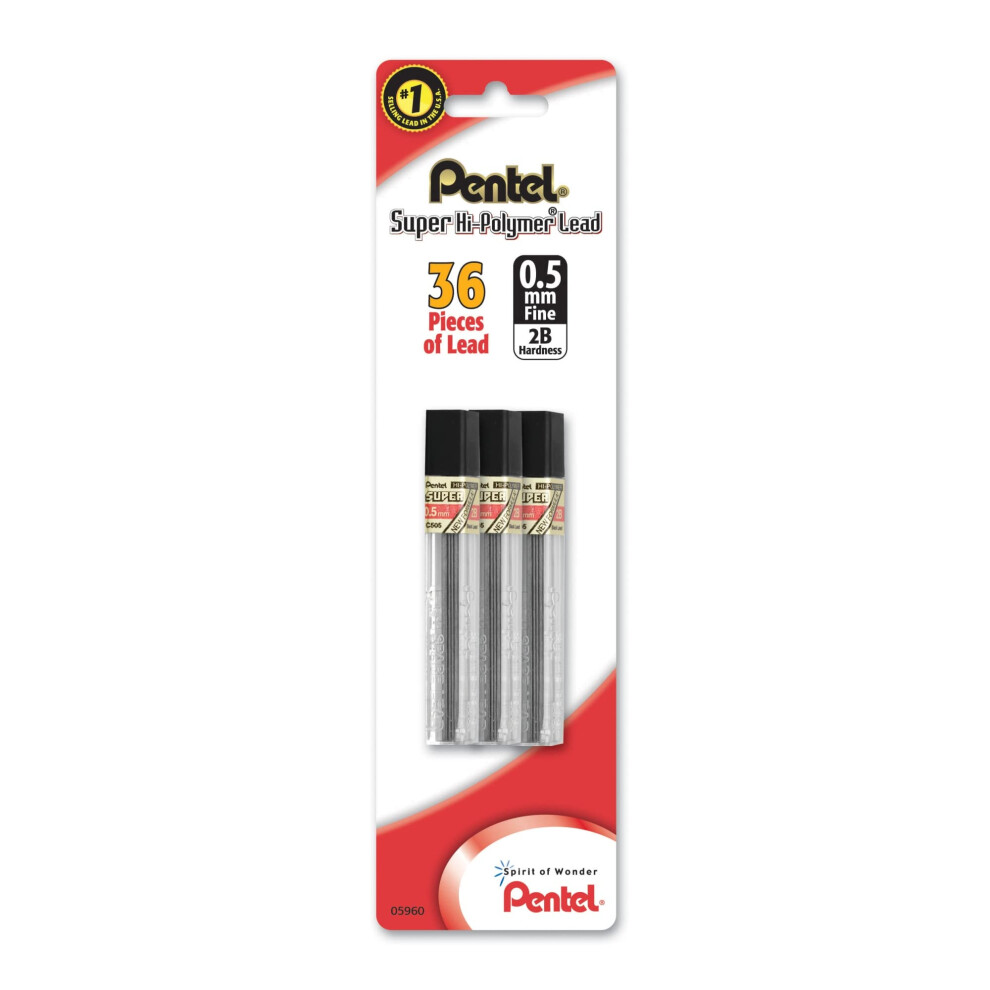 Pentel Super Hi-Polymer Leads  0.5 mm  2B  12 Leads Per Tube  Pack Of 3 Tubes