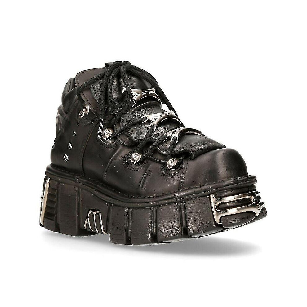 (40) Unisex Metallic Leather Biker Boots, Punk Gothic Leather Motorcycle Boots Black