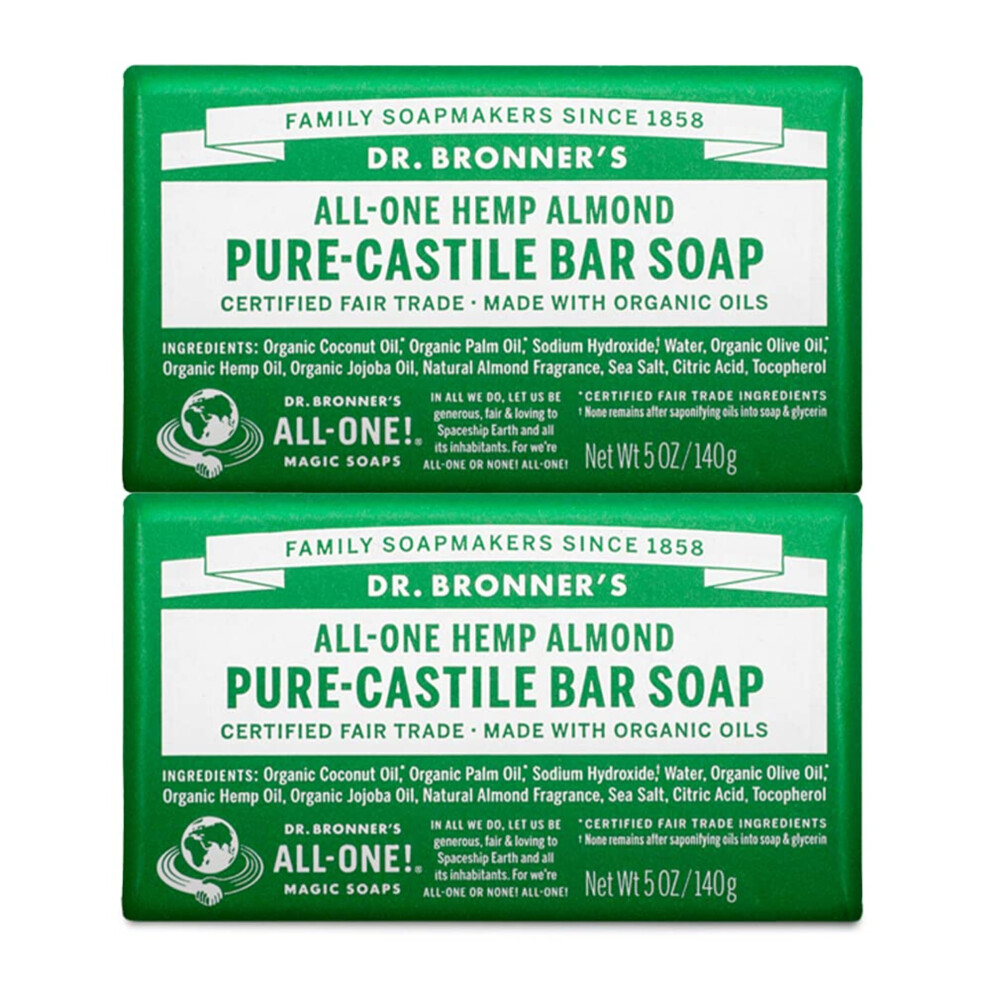 Dr. Bronner's - Pure-Castile Bar Soap (Almond  5 ounce  2-Pack) - Made with Organic Oils  For Face  Body and Hair  Gentle and Moisturizing  Biodegrada