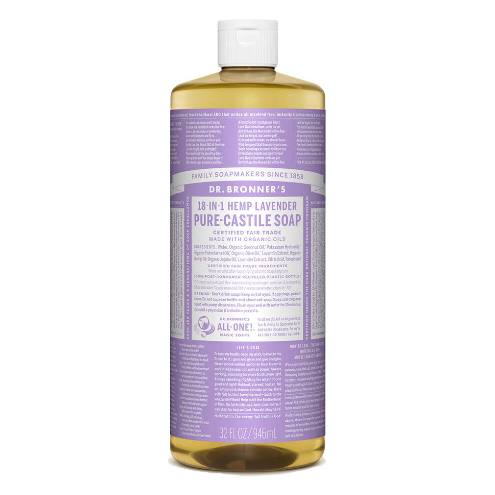 Dr. Bronner's - Pure-Castile Liquid Soap (Lavender  32 Fl Oz) - Made with Organic Oils  18-in-1 Uses: Face  Body  Hair  Laundry  Pets and Dishes  Conc