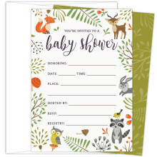 Invita?ii pentru Baby Shower n padure cu bufni?a ?i animale din padure. Set de 25 de felicitari ?i plicuri goale n stil de completare. Design u