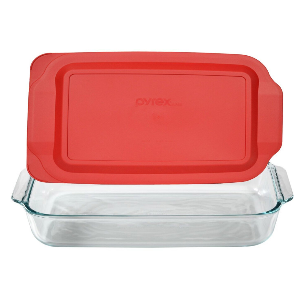 Pyrex Basics 3 Quart Glass Oblong Baking Dish with Red Plastic Lid -9 inch x 13 inch x 2 inch - Original Genuine Pyrex - Made in the USA