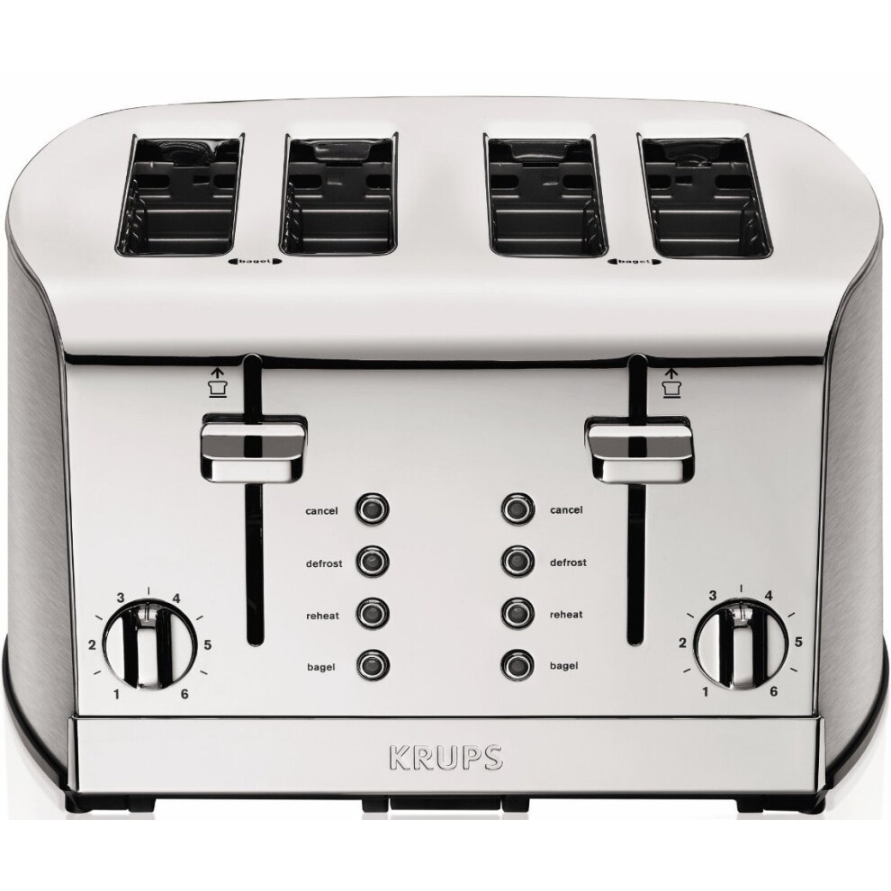 KRUPS: Breakfast Set Stainless Steel Toaster 4 Slice 1500 Watts 6 Brown Settings  Defrost  Reheat  High Lift Lever Silver  Matte and Chrome