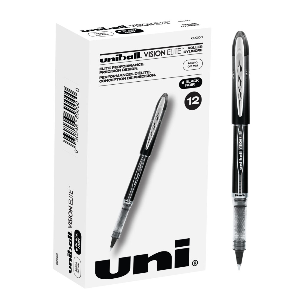 Uni-Ball Vision Elite Rollerball Pens  Black Pens Pack of 12 - Micro Japanese Pens with 0.5mm Ink  Teacher Pen  Smooth Writing School Pens  Journaling