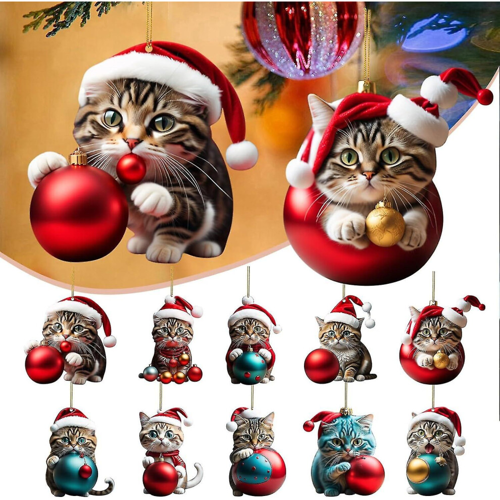 10pcs Christmas Tree Cat Pendant 2d Acrylic, Christmas Cat Hanging Decoration Funny Christmas Cat Ornament For Christmas Tree Gift C